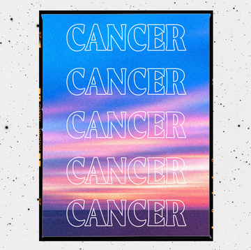 Cancer the stylized word cancer is repeated over a sunset background