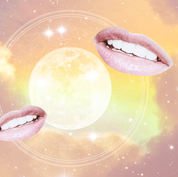 Juno Sign two lips smiling in a rainbow sky with a full moon glowing behind them